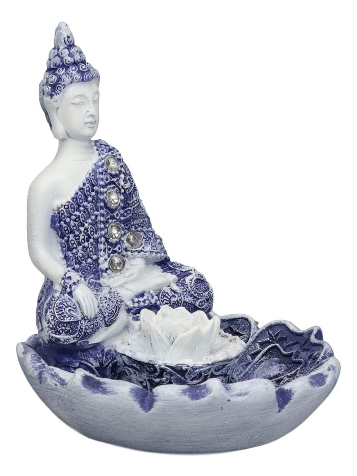Ebros Gift Bhumisparsha Mudra Buddha Amitabha Meditating By Padma Lotus Flower Incense Holder Burner Figurine In Terracotta Blue And White 4.25" High Buddhist Eastern Enlightenment Feng Shui Decor