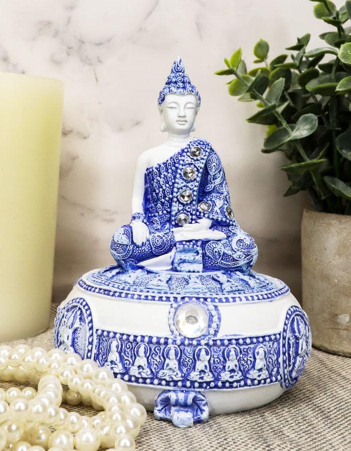 Ebros Gift Bhumisparsha Mudra Buddha Amitabha Meditating Terracotta Blue And White Round Jewelry Box Figurine 5.25" Diameter Buddhist Eastern Enlightenment Trinket Box Accessory Feng Shui Decor