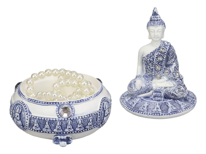 Ebros Gift Bhumisparsha Mudra Buddha Amitabha Meditating Terracotta Blue And White Round Jewelry Box Figurine 5.25" Diameter Buddhist Eastern Enlightenment Trinket Box Accessory Feng Shui Decor