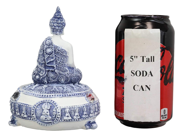 Ebros Gift Bhumisparsha Mudra Buddha Amitabha Meditating Terracotta Blue And White Round Jewelry Box Figurine 5.25" Diameter Buddhist Eastern Enlightenment Trinket Box Accessory Feng Shui Decor