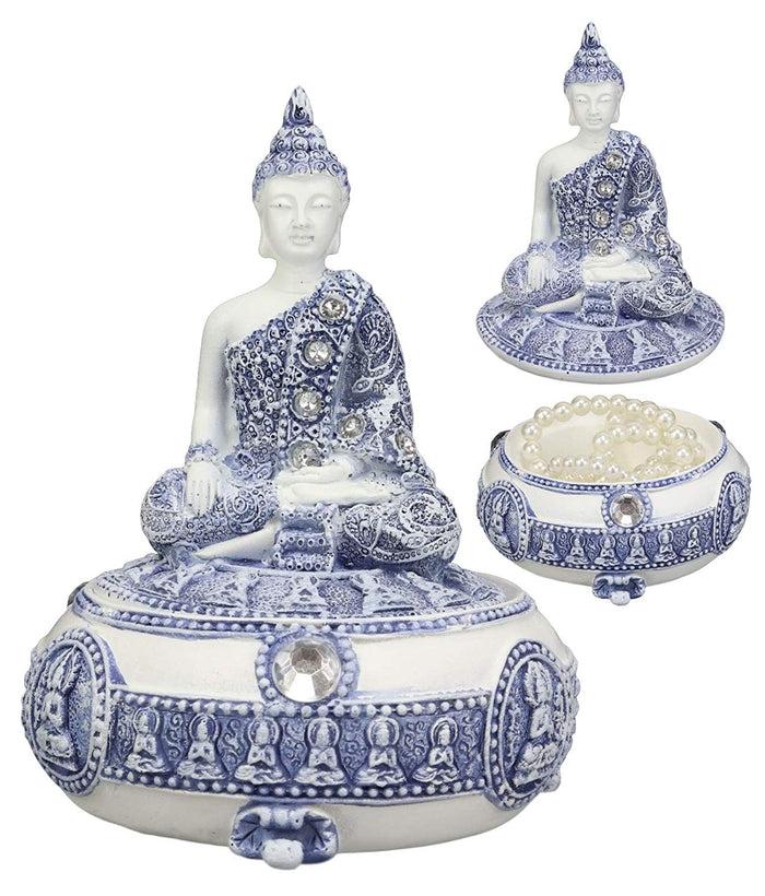 Ebros Gift Bhumisparsha Mudra Buddha Amitabha Meditating Terracotta Blue and White Round Jewelry Box Figurine 5.25" Diameter Buddhist Eastern Enlightenment Trinket Box Accessory Feng Shui Decor Ebros Gift Bhumisparsha Mudra Buddha Amitabha Meditating Terracotta Blue and White Round Jewelry Box Figurine 5.25" Diameter Buddhist Eastern Enlightenment Trinket Box Accessory Feng Shui Decor