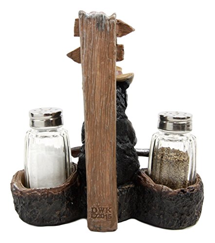 Ebros Gift Black Bear With Shotgun On Cross Road Salt Pepper Shakers Holder Figurine 6.5"H