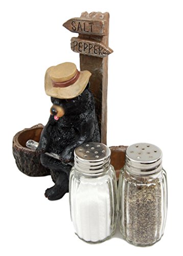 Ebros Gift Black Bear With Shotgun On Cross Road Salt Pepper Shakers Holder Figurine 6.5"H
