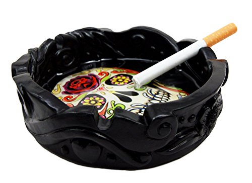 Ebros Gift Black Day Of The Dead Sugar Skull Cigarette Ashtray Resin Figurine 5"Diameter
