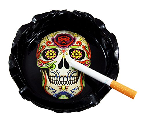Ebros Gift Black Day Of The Dead Sugar Skull Cigarette Ashtray Resin Figurine 5"Diameter