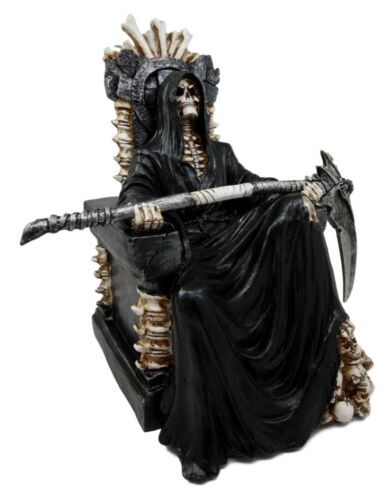 Ebros Gift Black Holy Death Grim Reaper Sitting On Skeleton Throne Figurine 10.5" Tall Time Waits For No Man Angel Of Death With Scythe As Ossuary Home Decor Eternal Death Gates Of Hades