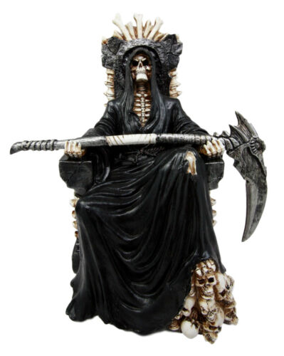 Ebros Gift Black Holy Death Grim Reaper Sitting On Skeleton Throne Figurine 10.5" Tall Time Waits For No Man Angel Of Death With Scythe As Ossuary Home Decor Eternal Death Gates Of Hades