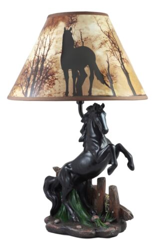 Ebros Gift Black Rearing Wild Horse Stallion Desktop Table Lamp With Nature Printed Shade Home Decor 19"Tall As Rustic Country Home Decor Cabin Lodge Western Decorative Side Desktop Lamp