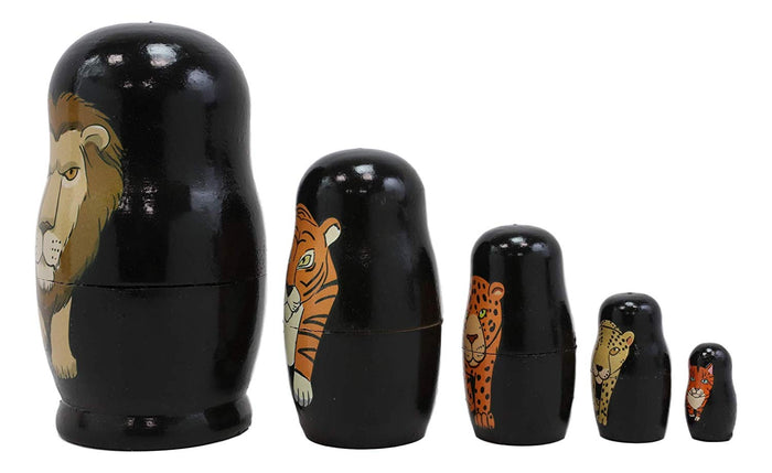 Ebros Gift Black Safari Jungle Animals Cats Lion Tiger Cheetah Jaguar Tabby Cat Wooden Toy Stacking Nesting Dolls 5 Piece Set Hand Painted Wood Decorative Collectible Matryoshka Doll Toys