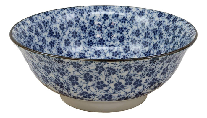 Ebros Gift Blue And White Ming Style Floral Petals Ceramic Bowls Pack Of 3 Ramen Pho Soup Bowl Set 32oz 8"Diameter Made In Japan
