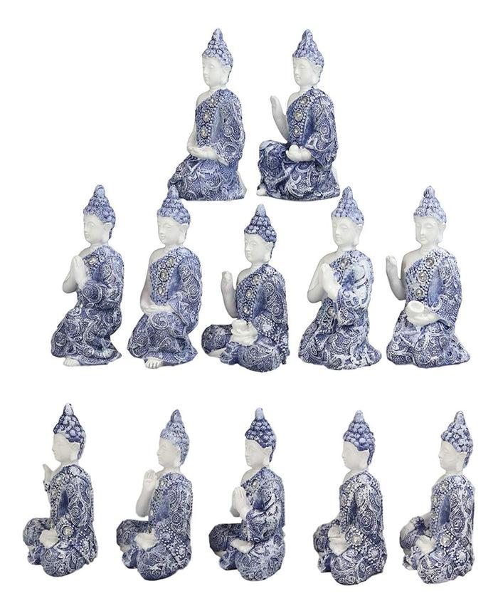 Ebros Gift Blue And White Terracotta Ming Style Miniature Meditating Buddha Amitabha Figurine Set Of 12 In Different Mudra Poses Collectible 3.25" Tall Eastern Enlightenment Feng Shui Buddhist Monks