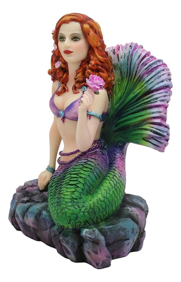 Ebros Gift Brigid Ashwood Fantasy Art Colorful Pastel Nautical Siren Mermaid Ocean Celtic Stone Holding Pink Rose Statue 6" Tall Sea Beach Princess Mermaids Decorative Accent Resin Figurine