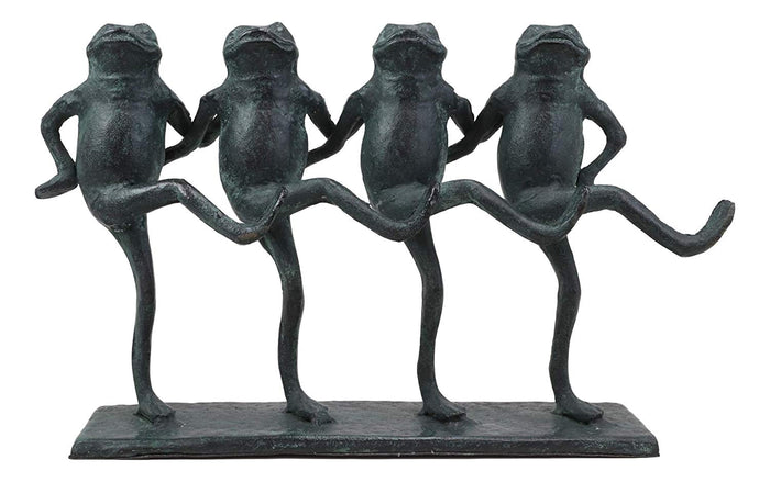 Ebros Gift Cast Aluminum Metal Whimsical Rustic Folk Dancing Frogs Parade Statue 14.25" Wide Frog Desktop Shelf Countertop Mantelpiece Decorative Sculpture In Verdi Green Finish