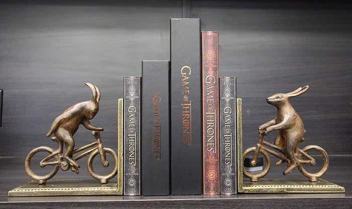 Ebros Gift Cast Iron And Aluminum Metal Whimsical Rabbit Bunnies On Bikes Bookends 7.25"Tall Set Of 2