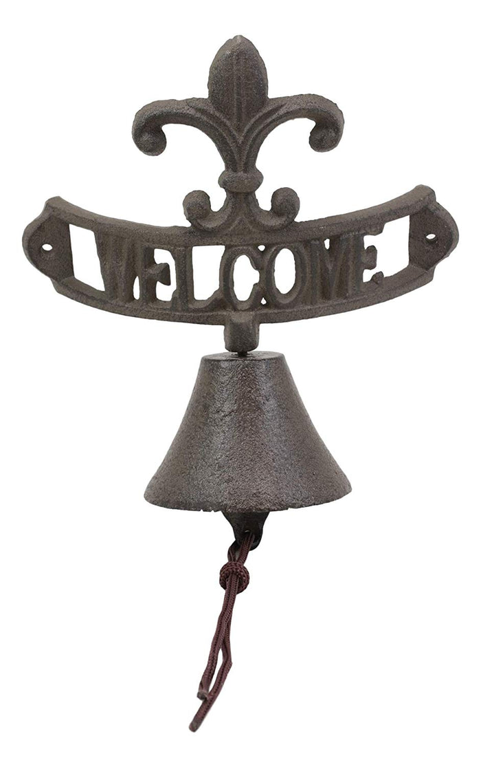Ebros Gift Cast Iron Rustic Vintage Fleur De Lis Crown With Welcome Word Sign Door Wall Dinner Yard Bell Outdoor French Southwestern Farmhouse Accent Bells