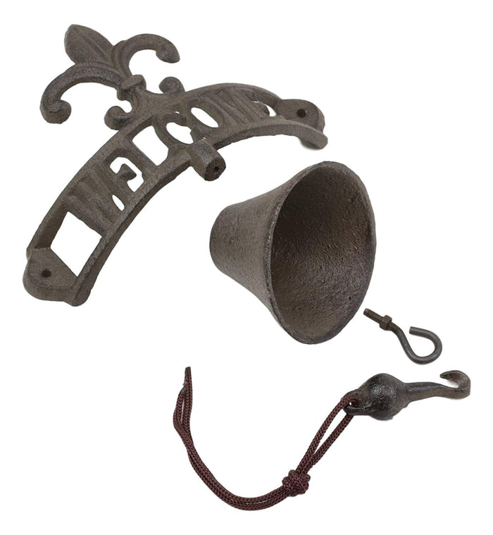 Ebros Gift Cast Iron Rustic Vintage Fleur De Lis Crown With Welcome Word Sign Door Wall Dinner Yard Bell Outdoor French Southwestern Farmhouse Accent Bells