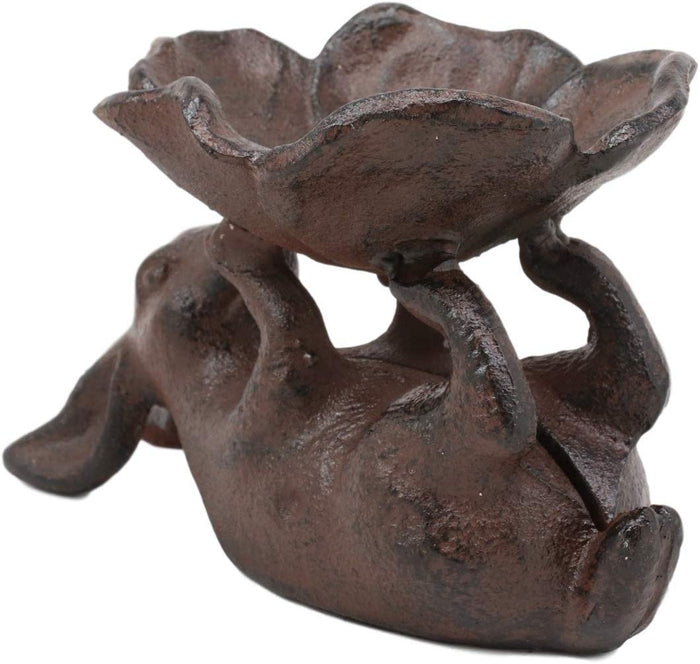 Ebros Gift Cast Iron Whimsical Bunny Rabbit Suspending Flower Petals Dish Bowl Garden Bird Bath Feeder Decor Statue 7.25" Long For Pool Patio Lawn Outdoors Decorative Accent