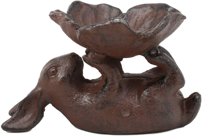 Ebros Gift Cast Iron Whimsical Bunny Rabbit Suspending Flower Petals Dish Bowl Garden Bird Bath Feeder Decor Statue 7.25" Long For Pool Patio Lawn Outdoors Decorative Accent