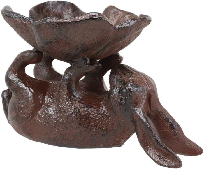 Ebros Gift Cast Iron Whimsical Bunny Rabbit Suspending Flower Petals Dish Bowl Garden Bird Bath Feeder Decor Statue 7.25" Long For Pool Patio Lawn Outdoors Decorative Accent