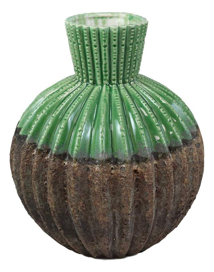 Ebros Gift Ceramic Dolomite Contemporary Golden Barrel Cactus Floral Vase With Ribbed Textured Surface As Mantelpiece Countertop Bar Table Decorative Accent Sculpture Cacti Shaped (11" H Large)