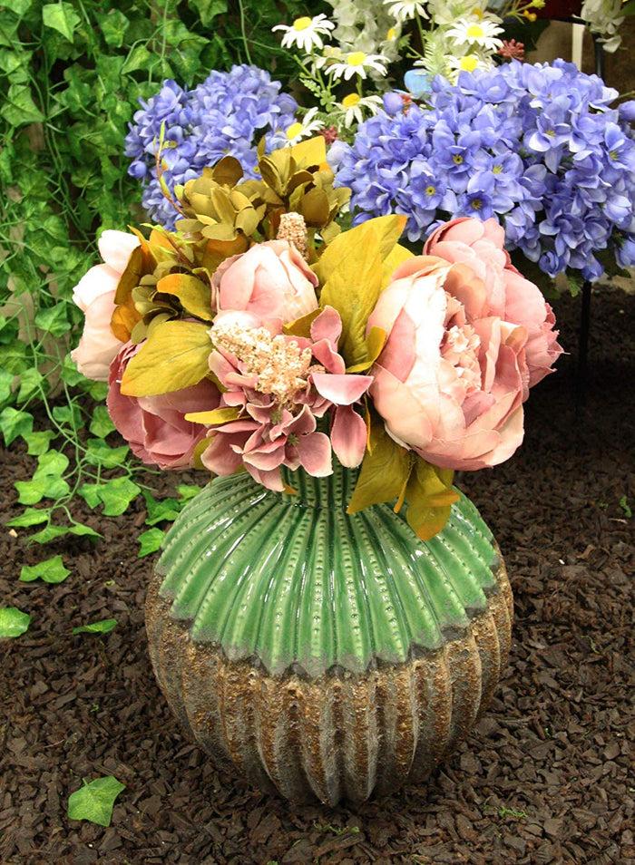 Ebros Gift Ceramic Dolomite Contemporary Golden Barrel Cactus Floral Vase with Ribbed Textured Surface As Mantelpiece Countertop Bar Table Decorative Accent Sculpture Cacti Shaped (7" H Small)