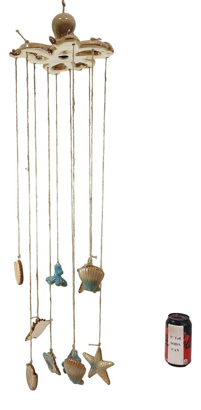 Ebros Gift Ceramic Nautical Ocean Sand Tan Octopus With Corals Starfish And Shells Wind Chime Mobile Sculptures Marine Life Beach Decorative Hanging Mobiles Garden Patio Pool Deck Accents