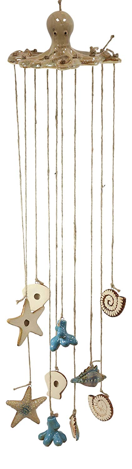 Ebros Gift Ceramic Nautical Ocean Sand Tan Octopus With Corals Starfish And Shells Wind Chime Mobile Sculptures Marine Life Beach Decorative Hanging Mobiles Garden Patio Pool Deck Accents