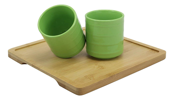 Ebros Gift Colorful Bright Green Contemporary Ceramic Double Walled 20 Fl Oz Tea Pot With 2 Matching Mugs And Bamboo Accent Serving Tray As Kitchen Dining Home Decor Novelty Teapot Sets