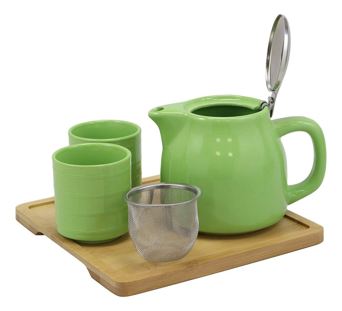 Ebros Gift Colorful Bright Green Contemporary Ceramic Double Walled 20 Fl Oz Tea Pot With 2 Matching Mugs And Bamboo Accent Serving Tray As Kitchen Dining Home Decor Novelty Teapot Sets