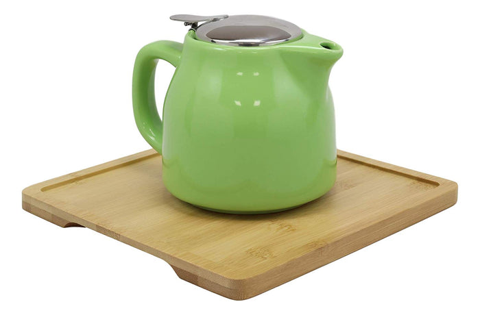 Ebros Gift Colorful Bright Green Contemporary Ceramic Double Walled 20 Fl Oz Tea Pot With 2 Matching Mugs And Bamboo Accent Serving Tray As Kitchen Dining Home Decor Novelty Teapot Sets