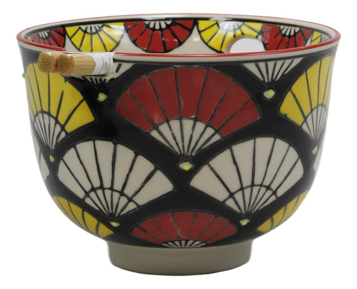 Ebros Gift Colorful Oriental Fans Ramen Udong Noodles 5" Diameter Bowl With Built In Chopsticks Rest And Bamboo Chopstick Set For Dining Soup Rice Meal Bowls Decor Kitchen