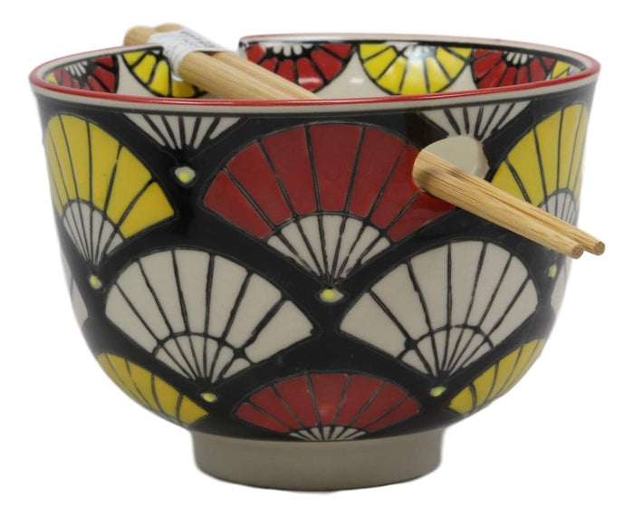 Ebros Gift Colorful Oriental Fans Ramen Udong Noodles 5" Diameter Bowl With Built In Chopsticks Rest And Bamboo Chopstick Set For Dining Soup Rice Meal Bowls Decor Kitchen