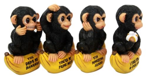 Ebros Gift Curious Monkeys On Banana Boats Figurine Set Of Four 4.25"H Funny Signs Chimpanzee Monkey Business Collectibles
