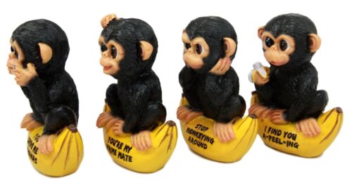 Ebros Gift Curious Monkeys On Banana Boats Figurine Set Of Four 4.25"H Funny Signs Chimpanzee Monkey Business Collectibles