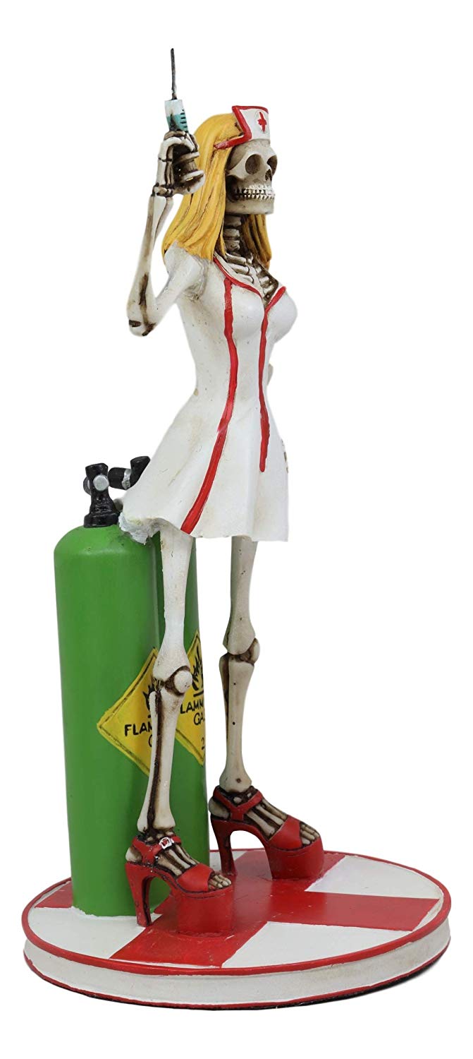 Ebros Gift Day Of The Dead DOD Sexy Adult Vixen Nymph Skeleton Physician Nurse Holding Syringe Statue Sugar Skull Skeletons Figurine 8.5 Tall Macabre Halloween Decor Sculpture