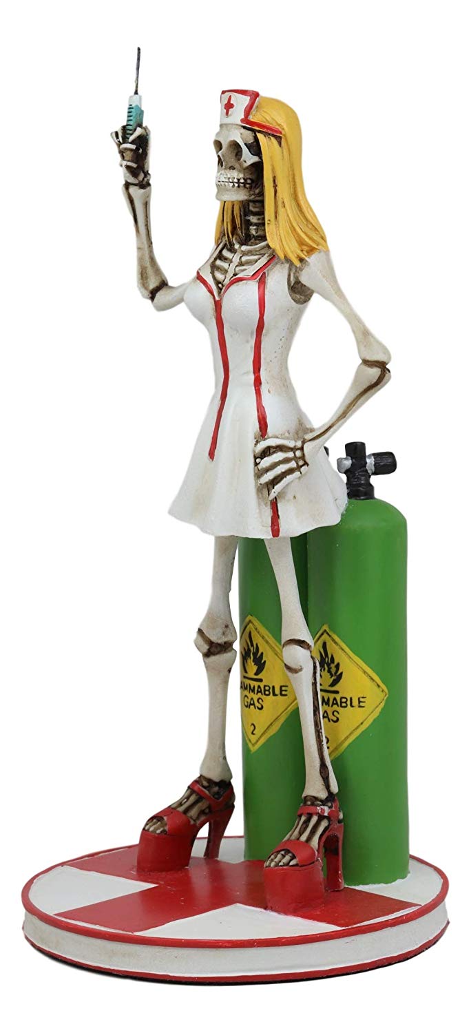 Ebros Gift Day Of The Dead DOD Sexy Adult Vixen Nymph Skeleton Physician Nurse Holding Syringe Statue Sugar Skull Skeletons Figurine 8.5 Tall Macabre Halloween Decor Sculpture