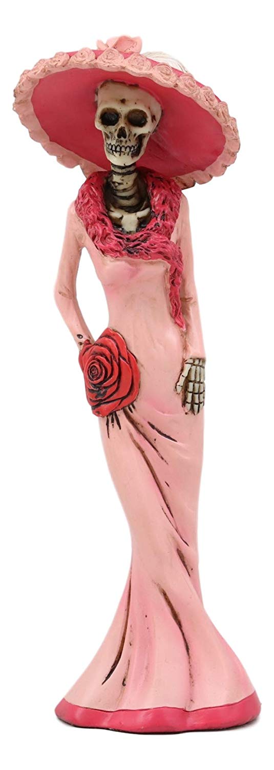Ebros Gift Day Of The Dead DOD Skeleton Lady Rosa With Pink And Red Cocktail Gown Figurine 8.25" Tall Sugar Rose Flower Fashion Diva Statue