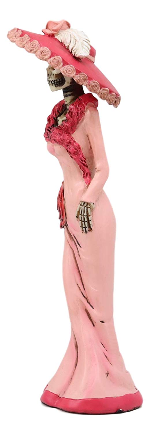 Ebros Gift Day Of The Dead DOD Skeleton Lady Rosa With Pink And Red Cocktail Gown Figurine 8.25" Tall Sugar Rose Flower Fashion Diva Statue