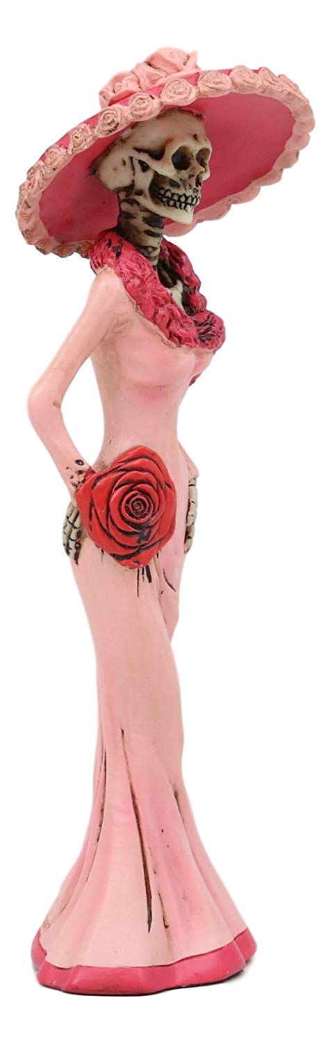 Ebros Gift Day Of The Dead DOD Skeleton Lady Rosa With Pink And Red Cocktail Gown Figurine 8.25" Tall Sugar Rose Flower Fashion Diva Statue