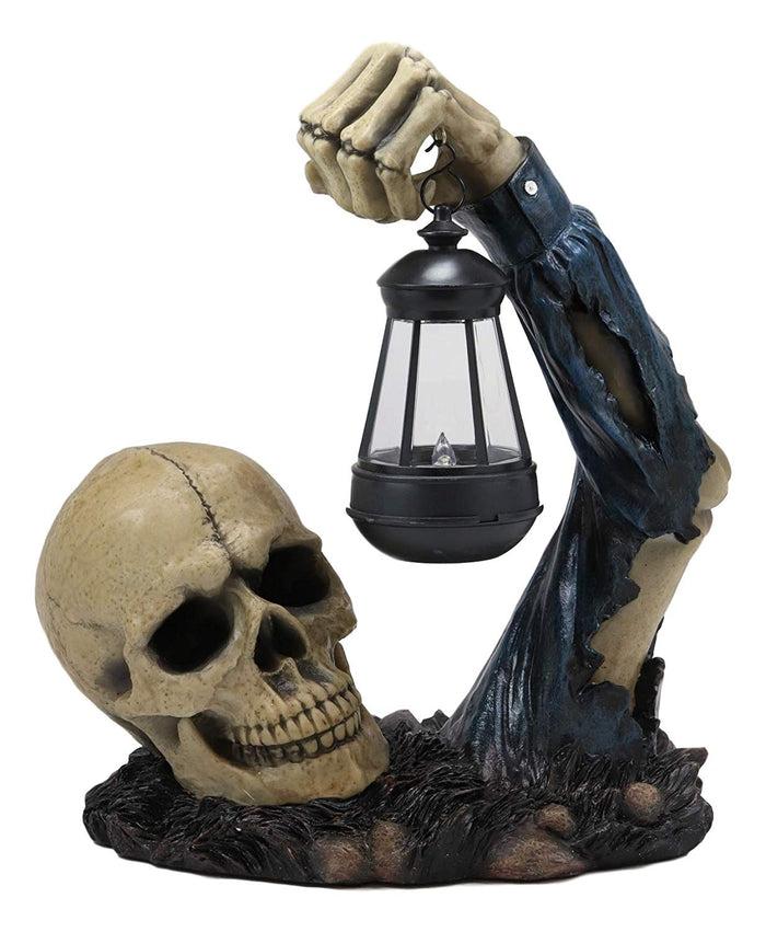 Ebros Gift Death Hallows Skeleton Rising From The Grave Holding Solar Powered Lantern LED Light Patio Decor Figurine Statue Halloween Ossuary Macabre Patio Path Lighter Lamp