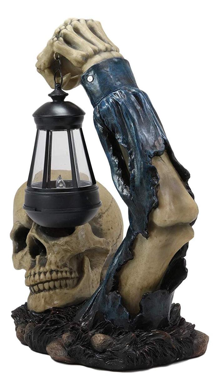 Ebros Gift Death Hallows Skeleton Rising From The Grave Holding Solar Powered Lantern LED Light Patio Decor Figurine Statue Halloween Ossuary Macabre Patio Path Lighter Lamp