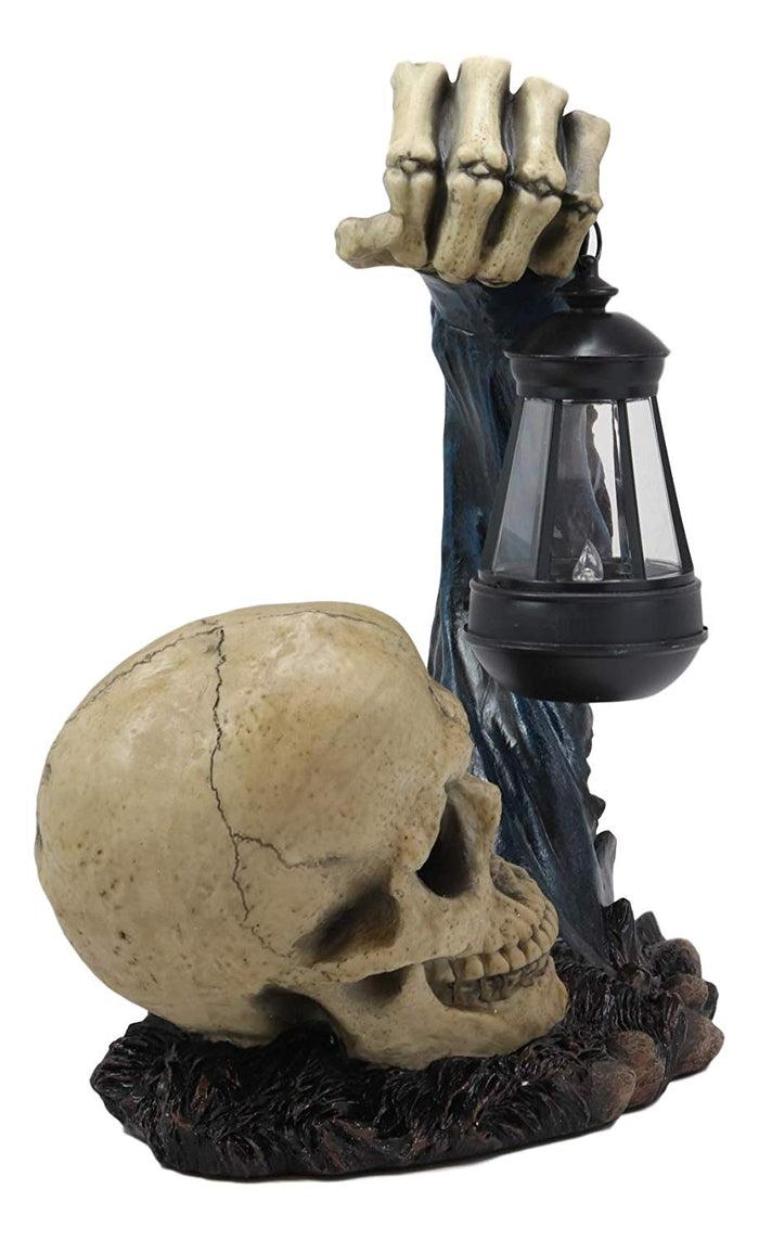 Ebros Gift Death Hallows Skeleton Rising From The Grave Holding Solar Powered Lantern LED Light Patio Decor Figurine Statue Halloween Ossuary Macabre Patio Path Lighter Lamp