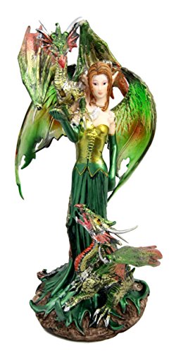 Ebros Gift Emerald Elf Fairy With 2 Green Guardian Dragons Figurine 9"H