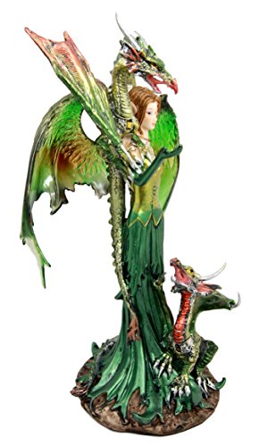 Ebros Gift Emerald Elf Fairy With 2 Green Guardian Dragons Figurine 9"H