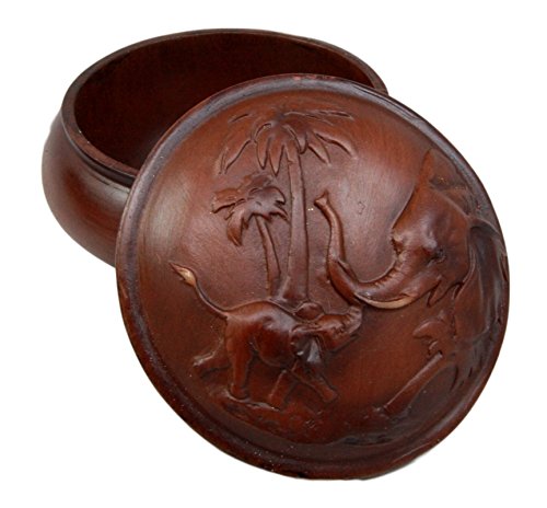 Ebros Gift Faux Wood Resin Safari Elephant With Calf Rounded Jewelry Trinket Decorative Box Figurine 4" D As Safari Elephants Decor Accessory Storage Sculptural Wildlife Art