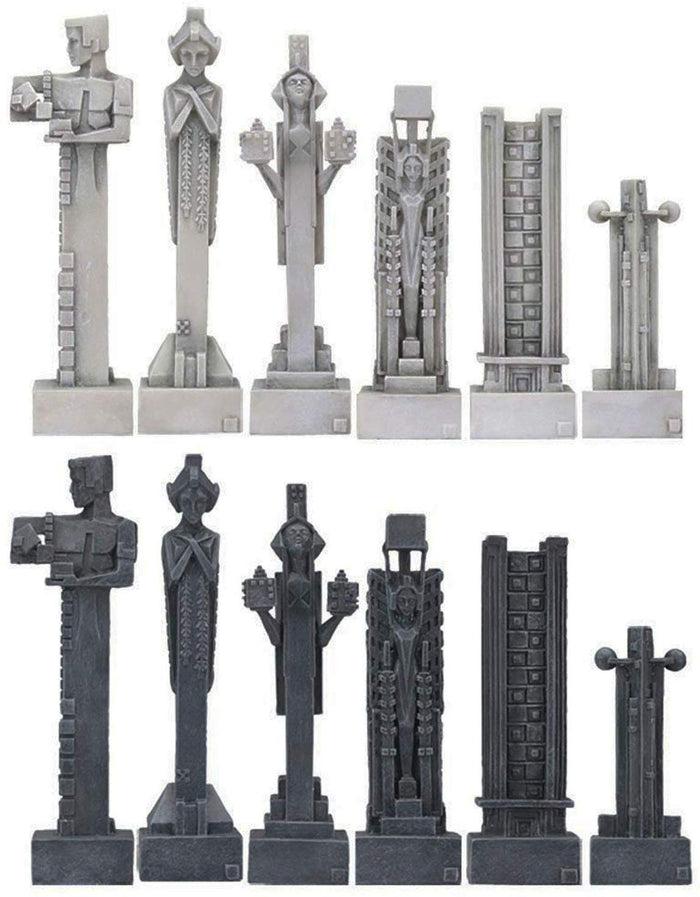 Ebros Gift Frank Lloyd Wright Architecture Midway Gardens Complex Collectible White And Black Geometrical Sprites Chess Pieces Set With 5" Tallest Sprite Piece Figurines
