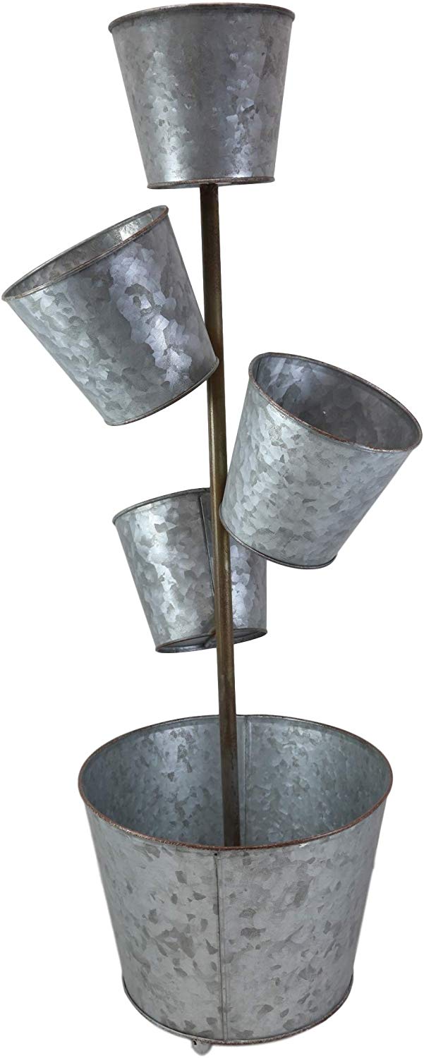 Ebros Gift Galvanized Metal Rustic Vertical Pole 5 Tier Variable Sized Pot Planters Indoor Or Outdoor Standalone Planter Pots For Succulents Or Natural Greenery Plants Lawn Pool Patio Garden Accent