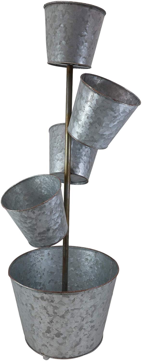 Ebros Gift Galvanized Metal Rustic Vertical Pole 5 Tier Variable Sized Pot Planters Indoor Or Outdoor Standalone Planter Pots For Succulents Or Natural Greenery Plants Lawn Pool Patio Garden Accent