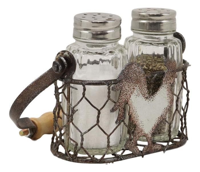 Ebros Gift Galvanized Metal Rustic Vintage Farm Milk Wire Basket Crate With Chicken Rooster Sign Salt And Pepper Shakers Display Holder Set 5.25"High