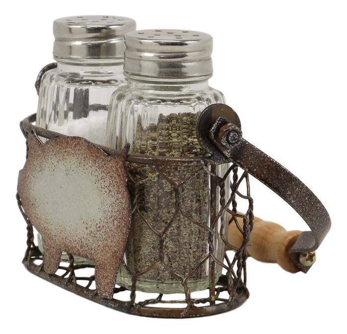 Ebros Gift Galvanized Metal Rustic Vintage Farm Milk Basket Crate With Swine Pig Design Salt And Pepper Shakers Display Holder Set 5.25"High